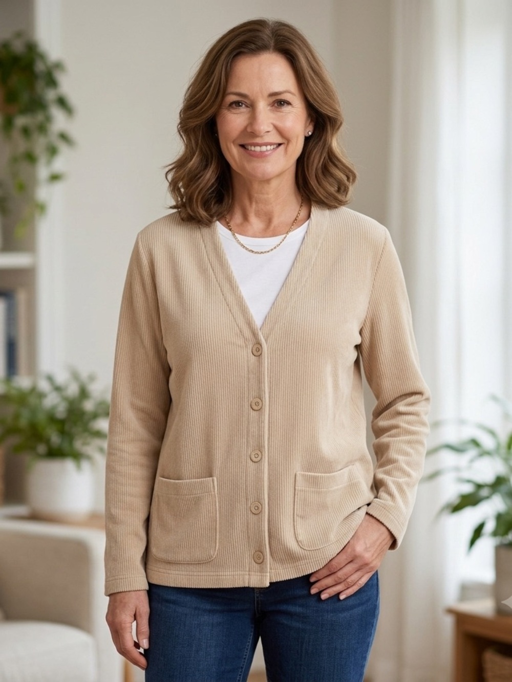 Dockers Women's Beige V-Neck Button Front cotton blend Cardigan size medium.